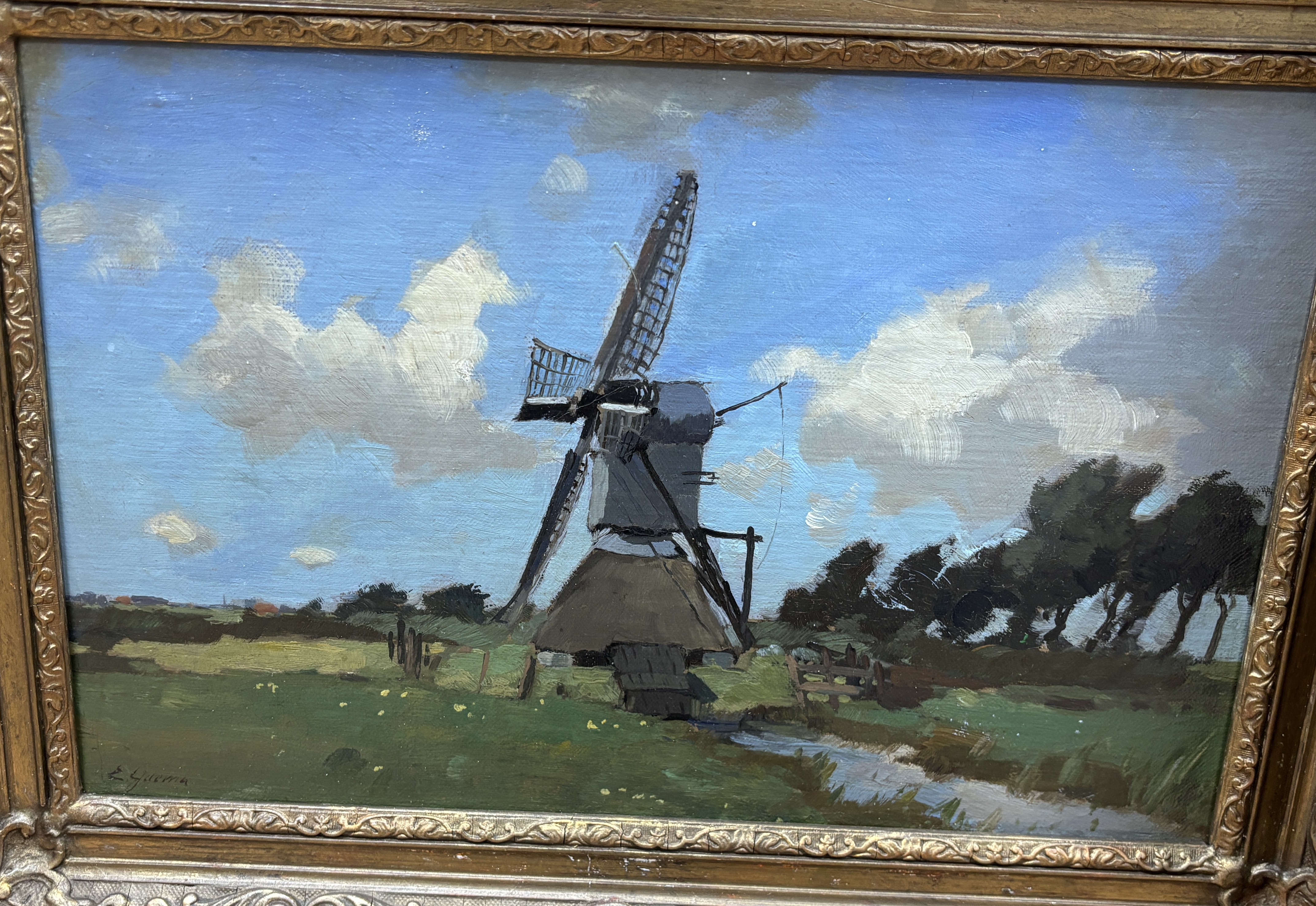 Egnatius Ydema (Dutch, 1876-1937), two impressionist oils on board, Windmill and Wetlands, each signed, inscribed in ink verso, largest 39 x 22cm